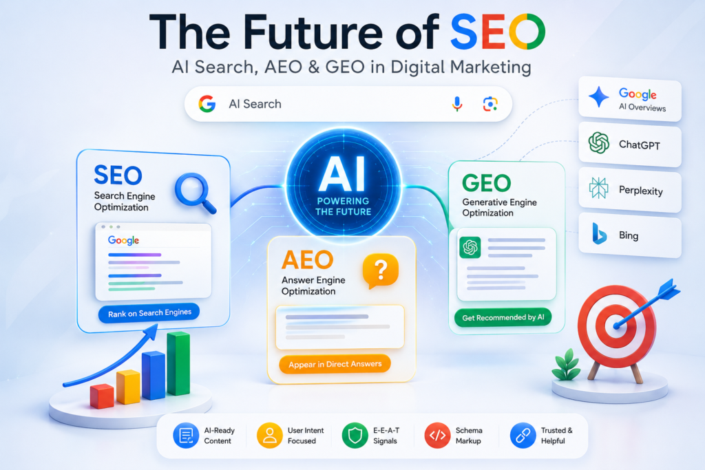SEO, AEO and GEO in AI Search Optimization for Digital Marketing